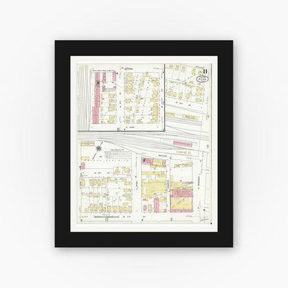 Old map wall art mockup — black gallery frame with white mat — Sanborn Fire Insurance Map from Peru, Miami County, Indiana (1912), Sheet #0011