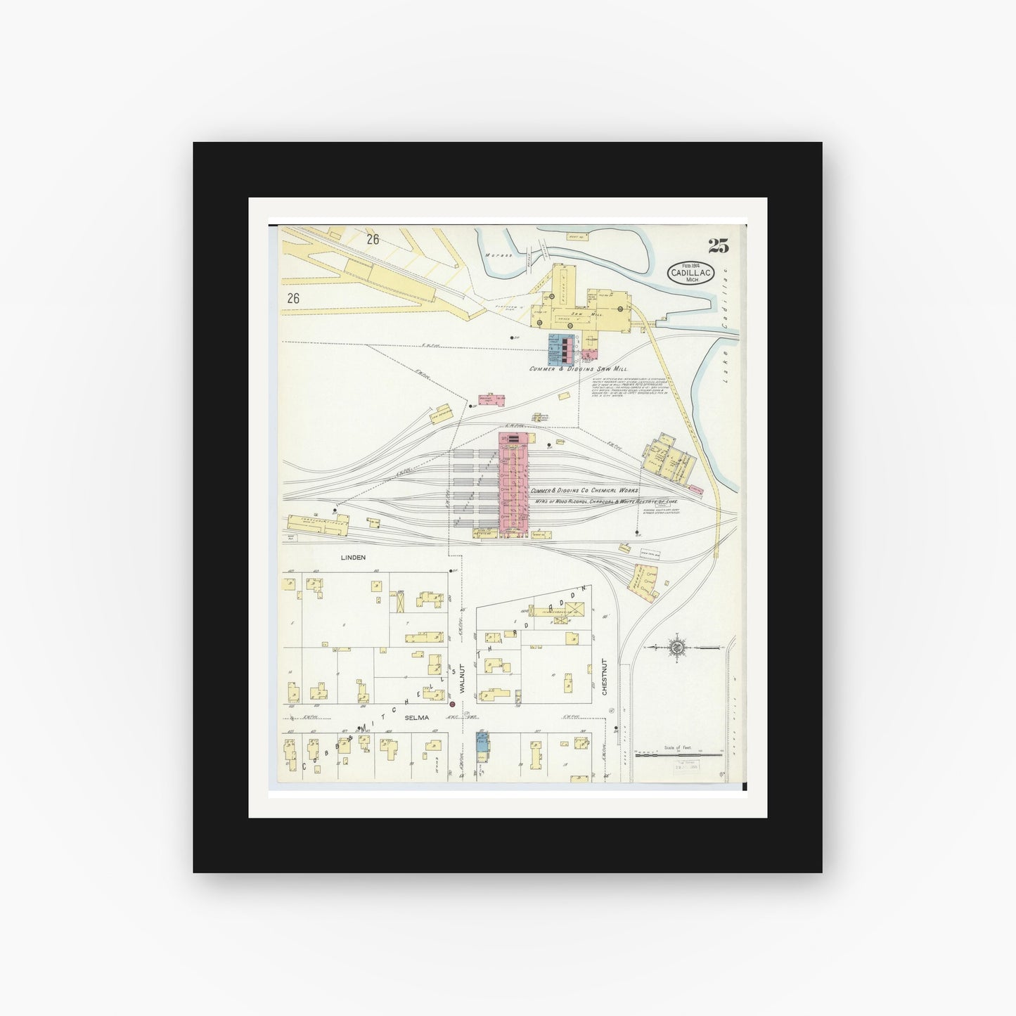 Old map wall art mockup — black gallery frame with white mat — Sanborn Fire Insurance Map from Cadillac, Wexford County, Michigan (1914), Sheet #0025