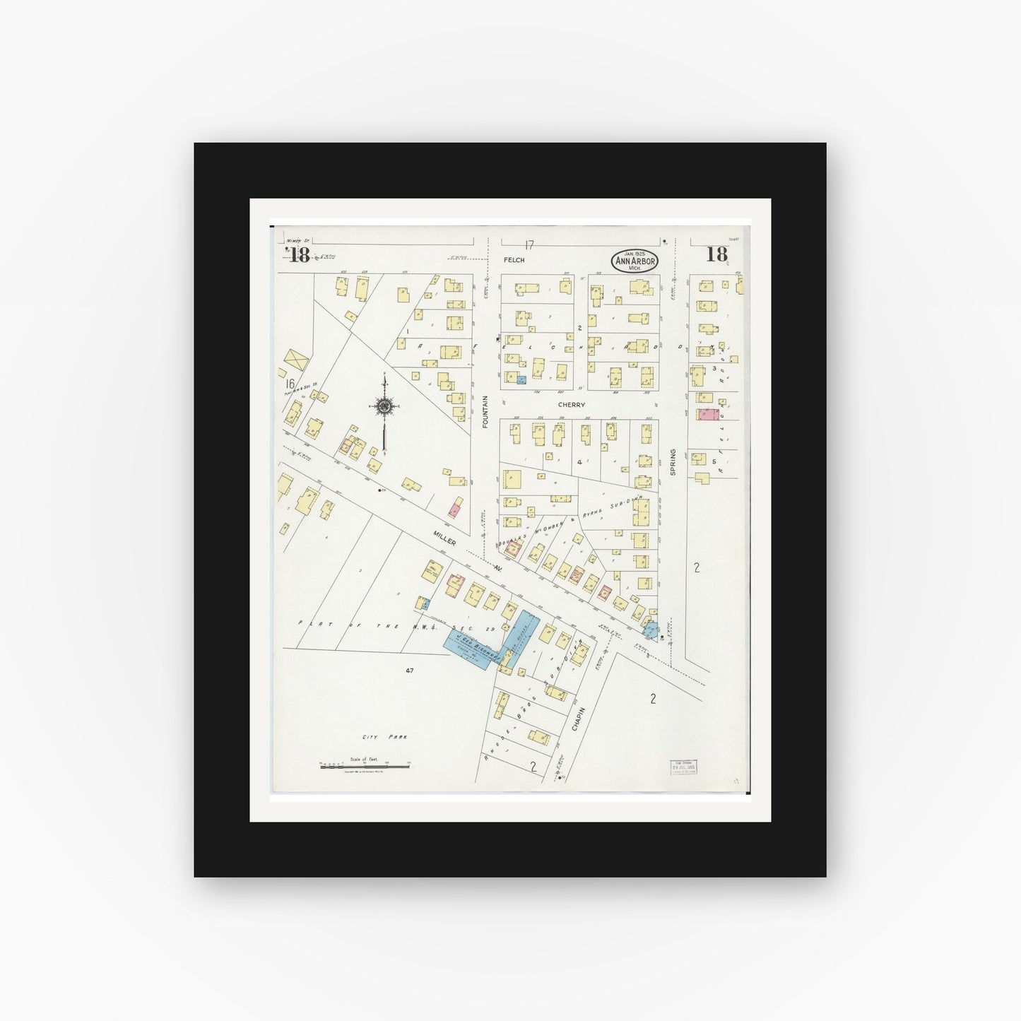 Old map wall art mockup — black gallery frame with white mat — Sanborn Fire Insurance Map from Ann Arbor, Washtenaw County, Michigan (1925), Sheet #0018