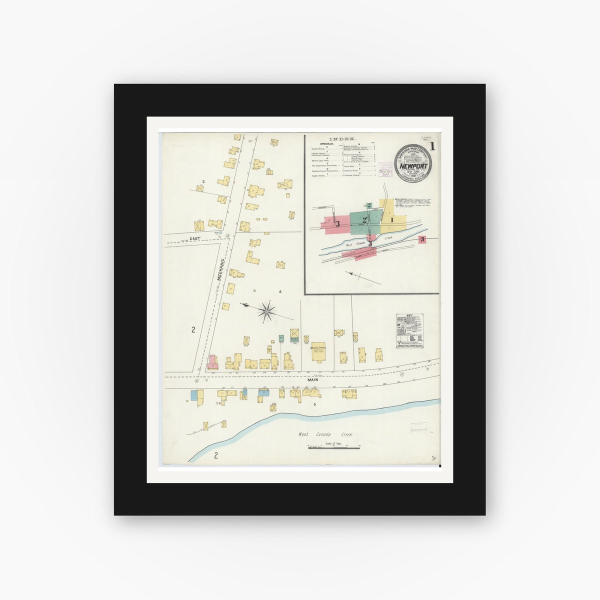 Old map wall art mockup — black gallery frame with white mat — Sanborn Fire Insurance Map from Newport, Herkimer County, New York (1904) - Complete Map Set