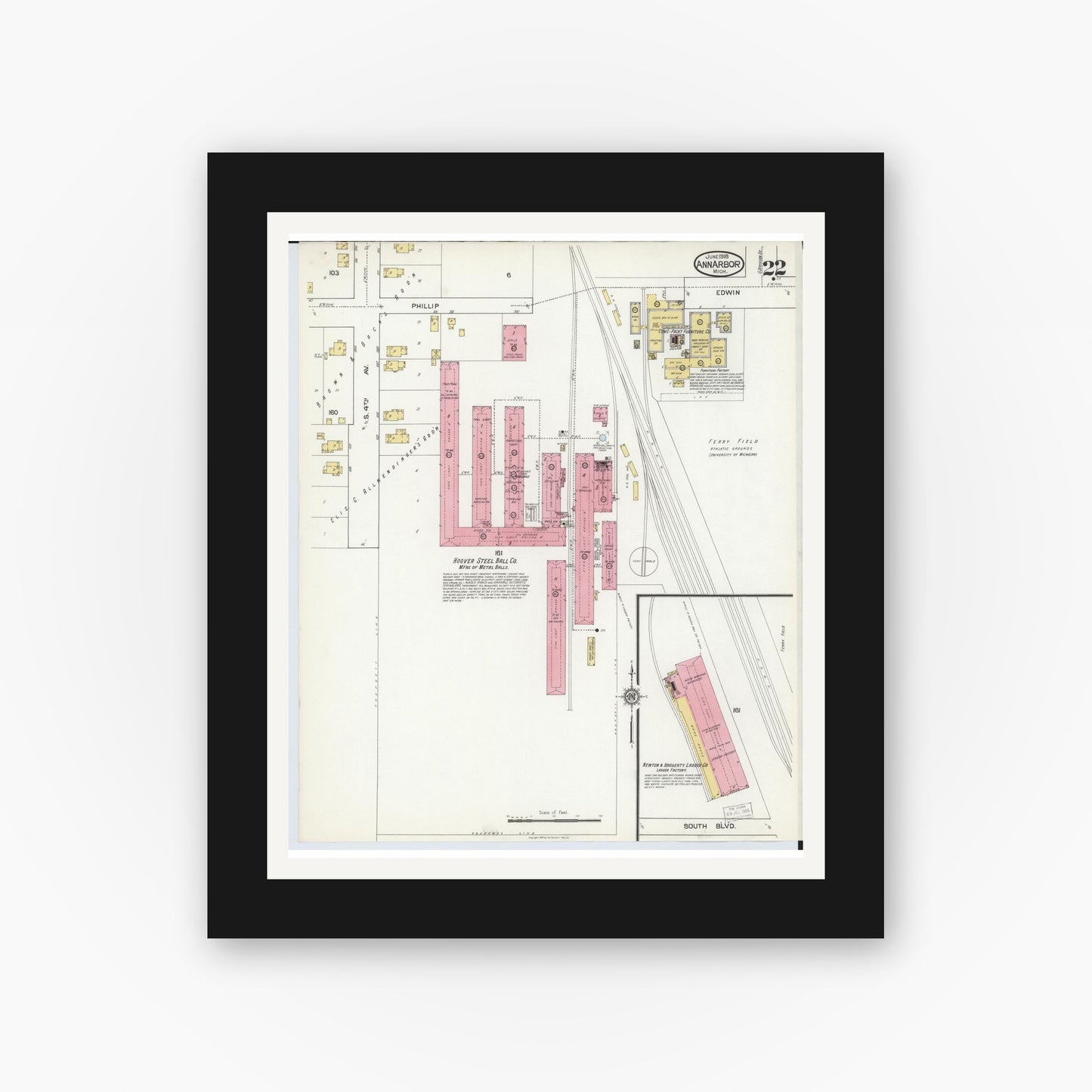 Old map wall art mockup — black gallery frame with white mat — Sanborn Fire Insurance Map from Ann Arbor, Washtenaw County, Michigan (1916), Sheet #0022