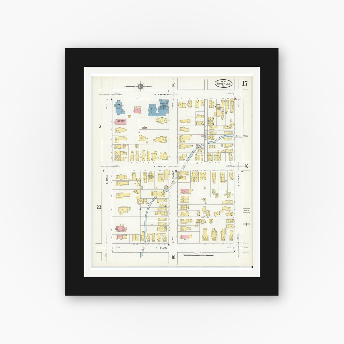 Old map wall art mockup — black gallery frame with white mat — Sanborn Fire Insurance Map from Titusville, Crawford County, Pennsylvania (1912), Sheet #0017