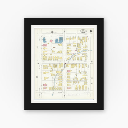 Old map wall art mockup — black gallery frame with white mat — Sanborn Fire Insurance Map from Titusville, Crawford County, Pennsylvania (1912), Sheet #0017