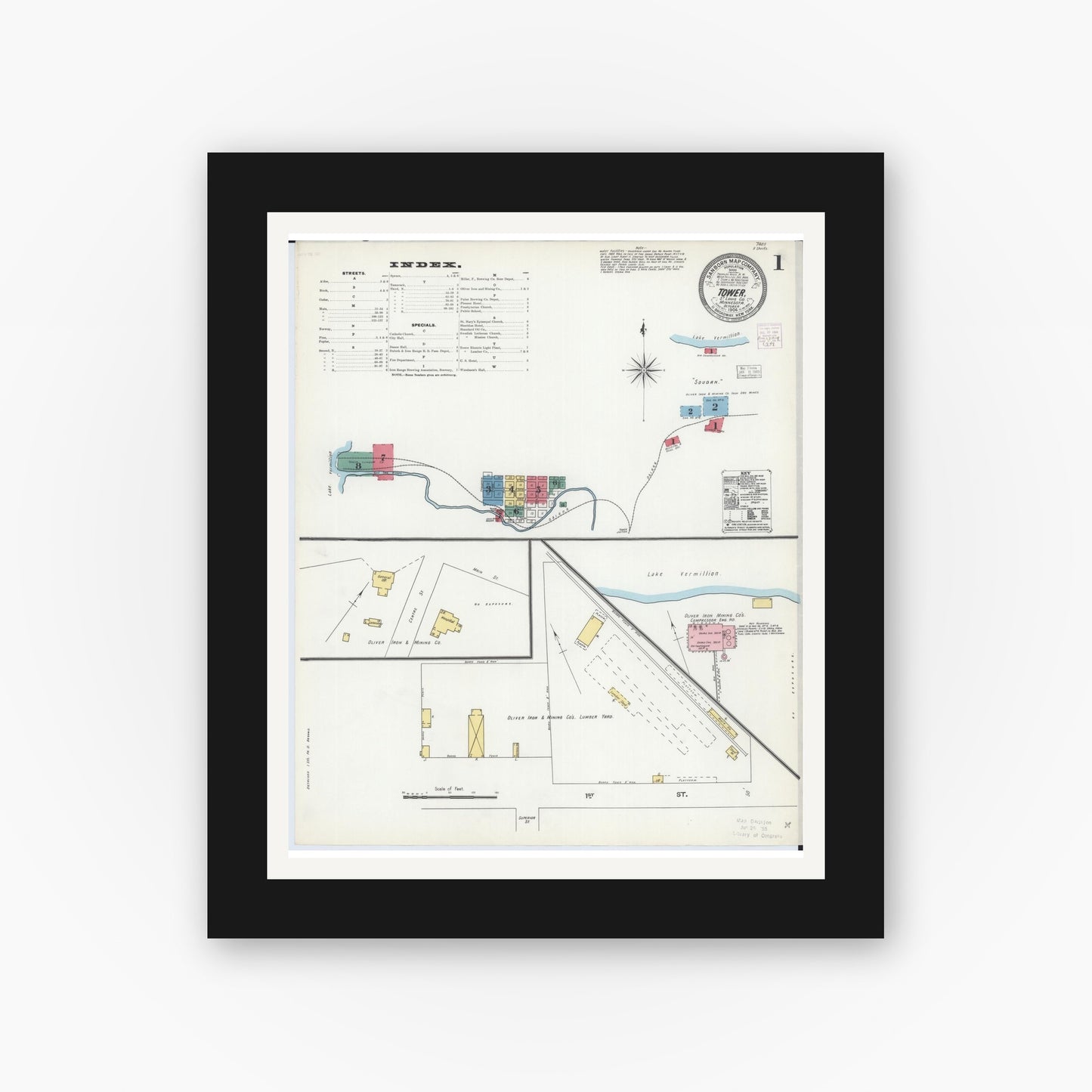 Old map wall art mockup — black gallery frame with white mat — Sanborn Fire Insurance Map from Tower, Saint Louis County, Minnesota (1904), Sheet #0001