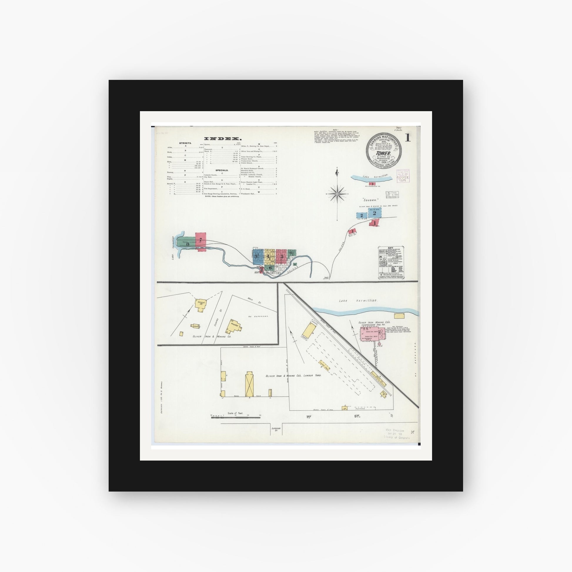 Old map wall art mockup — black gallery frame with white mat — Sanborn Fire Insurance Map from Tower, Saint Louis County, Minnesota (1904), Sheet #0001