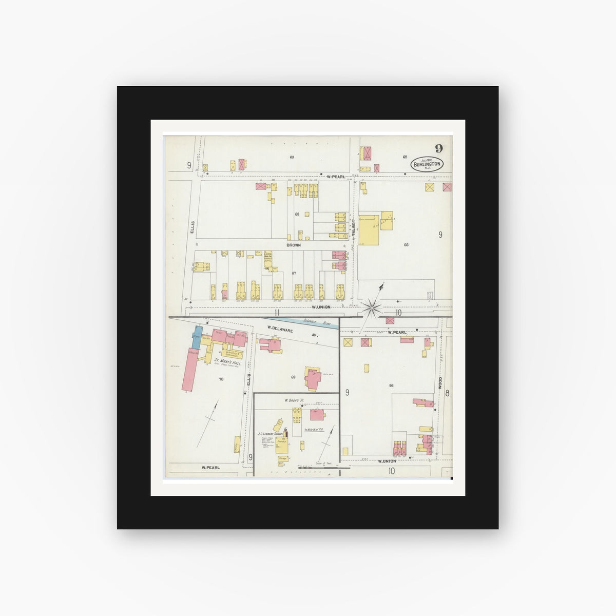 Old map wall art mockup — black gallery frame with white mat — Sanborn Fire Insurance Map from Burlington, Burlington County, New Jersey (1902), Sheet #0009