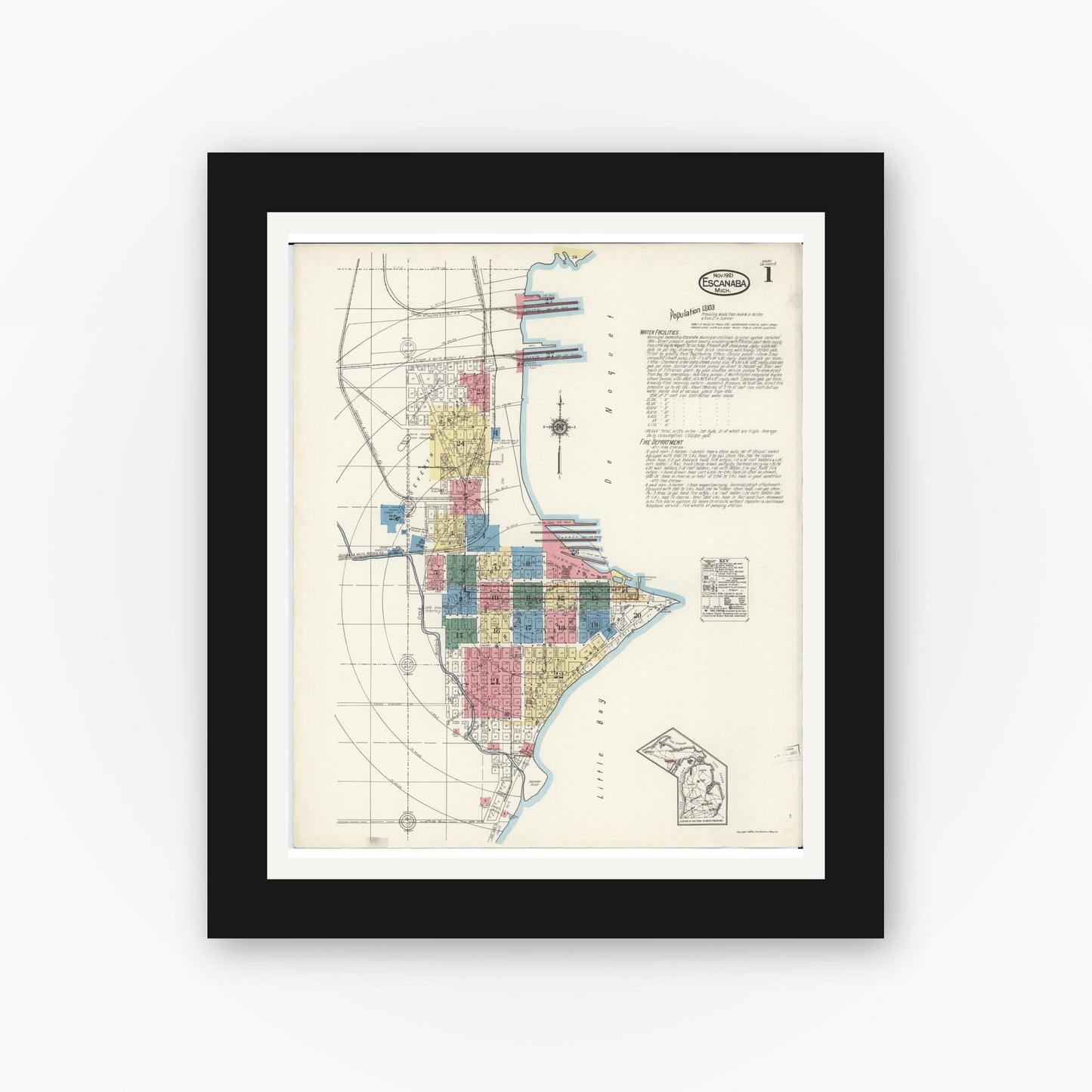 Old map wall art mockup — black gallery frame with white mat — Sanborn Fire Insurance Map from Escanaba, Delta County, Michigan (1921) - Complete Map Set