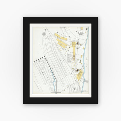 Old map wall art mockup — black gallery frame with white mat — Sanborn Fire Insurance Map from Orange, Orange County, Texas (1901), Sheet #0009