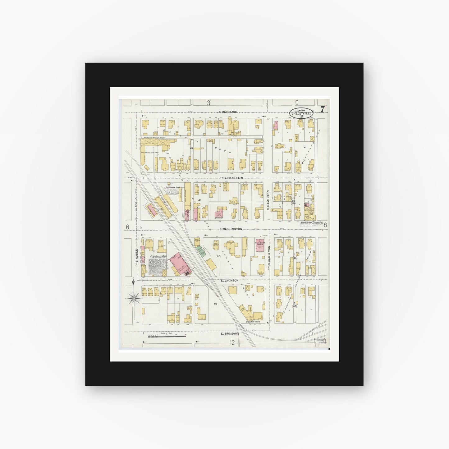 Old map wall art mockup — black gallery frame with white mat — Sanborn Fire Insurance Map from Shelbyville, Shelby County, Indiana (1898), Sheet #0007