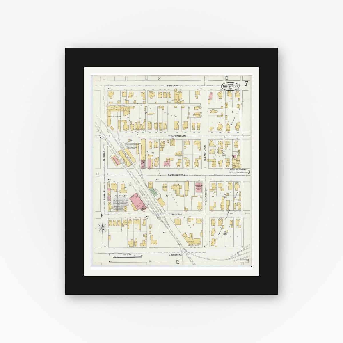Old map wall art mockup — black gallery frame with white mat — Sanborn Fire Insurance Map from Shelbyville, Shelby County, Indiana (1898), Sheet #0007