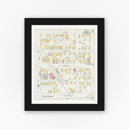 Old map wall art mockup — black gallery frame with white mat — Sanborn Fire Insurance Map from Shelbyville, Shelby County, Indiana (1898), Sheet #0007