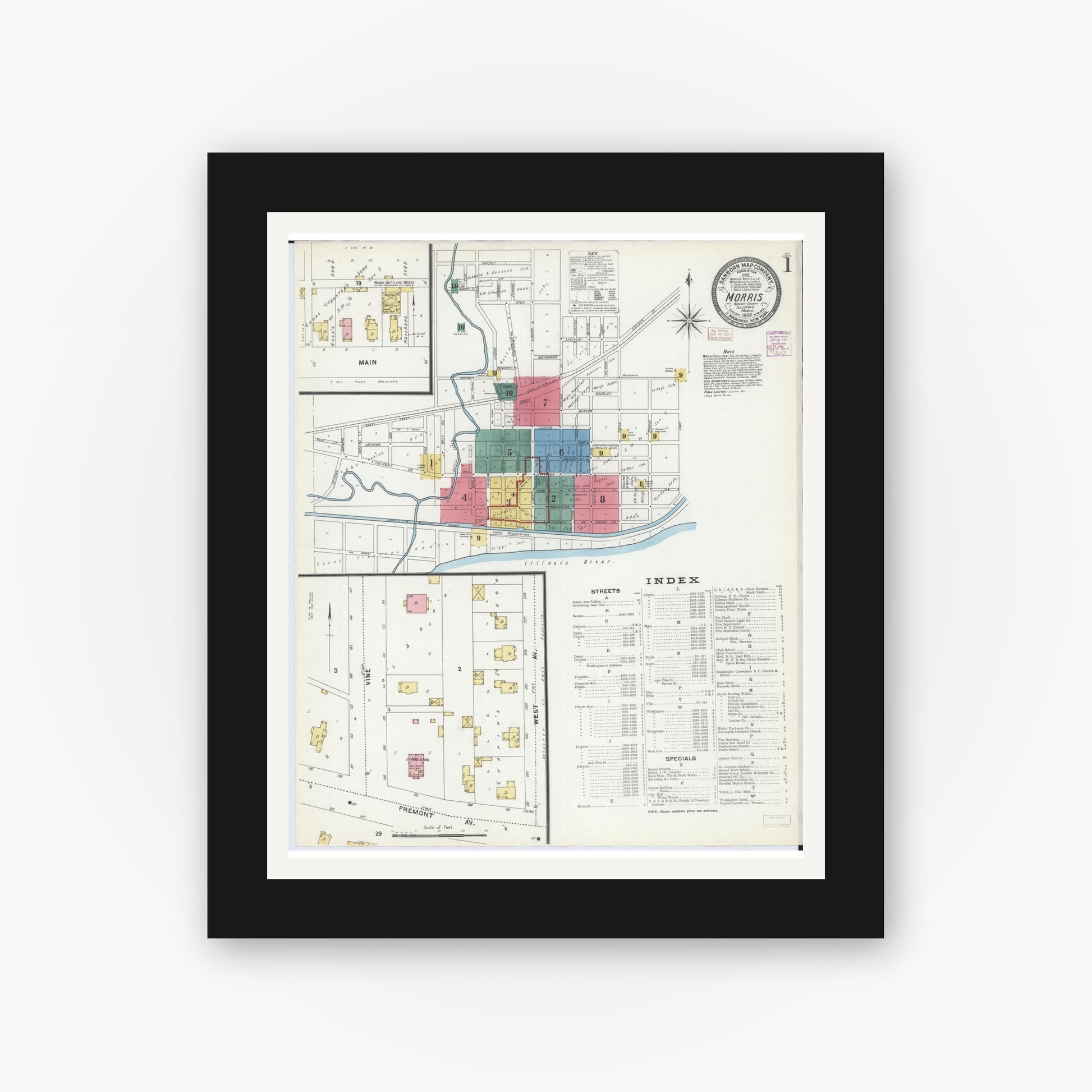 Old map wall art mockup — black gallery frame with white mat — Sanborn Fire Insurance Map from Morris, Grundy County, Illinois (1907), Sheet #0001
