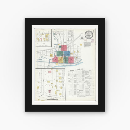 Old map wall art mockup — black gallery frame with white mat — Sanborn Fire Insurance Map from Morris, Grundy County, Illinois (1907), Sheet #0001