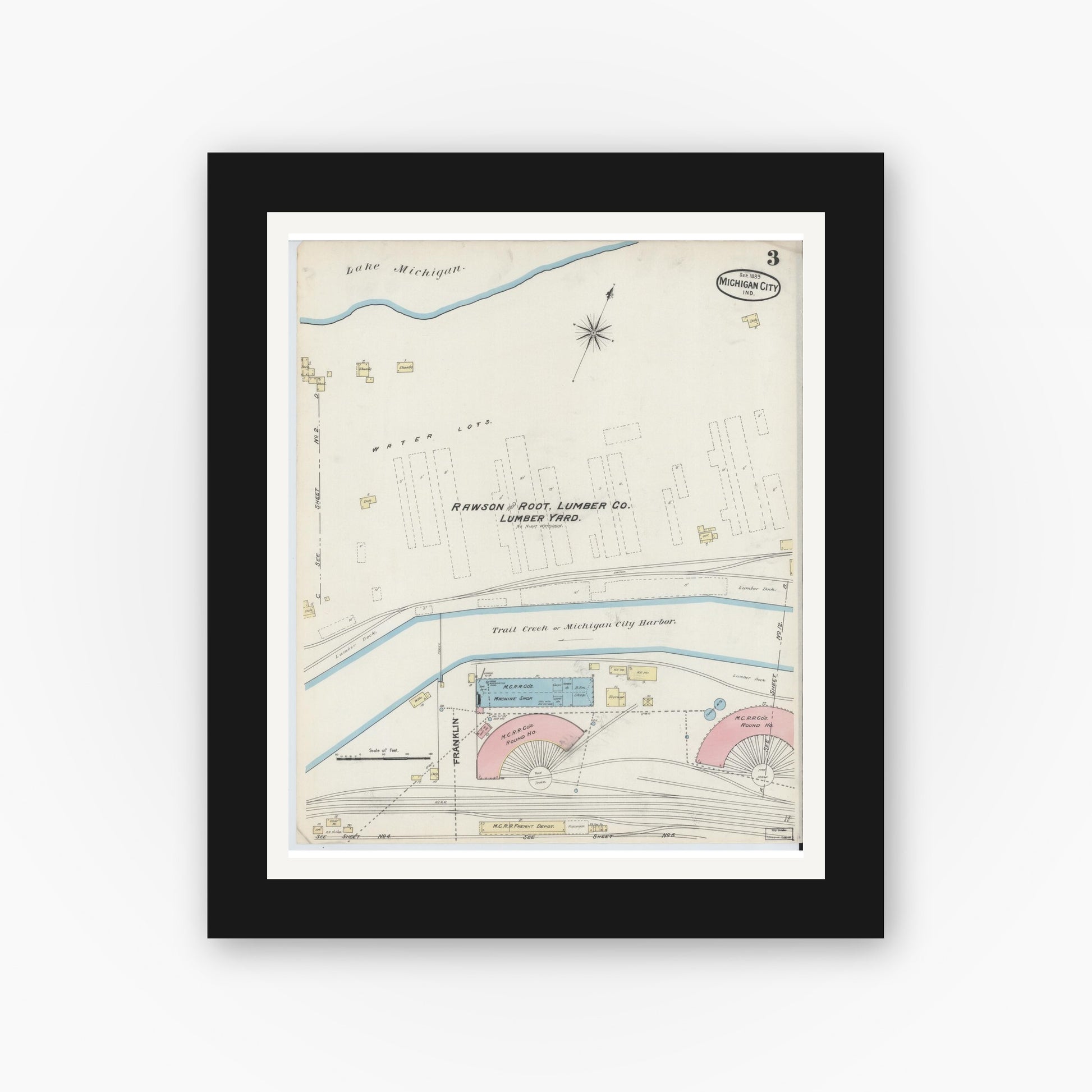 Old map wall art mockup — black gallery frame with white mat — Sanborn Fire Insurance Map from Michigan City, La Porte County, Indiana (1889), Sheet #0003
