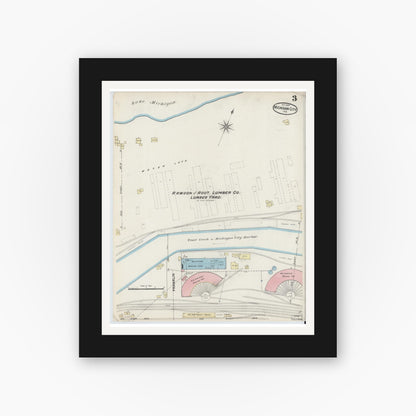 Old map wall art mockup — black gallery frame with white mat — Sanborn Fire Insurance Map from Michigan City, La Porte County, Indiana (1889), Sheet #0003