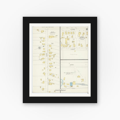 Old map wall art mockup — black gallery frame with white mat — Sanborn Fire Insurance Map from Bath, Steuben County, New York (1898), Sheet #0009