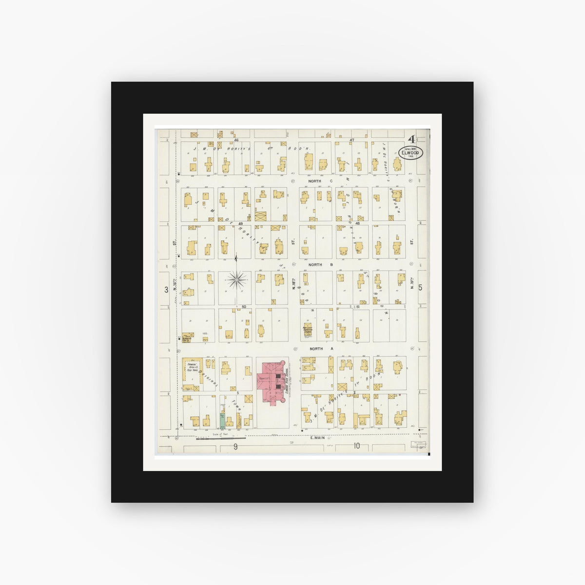 Old map wall art mockup — black gallery frame with white mat — Sanborn Fire Insurance Map from Elwood, Madison County, Indiana (1899), Sheet #0004