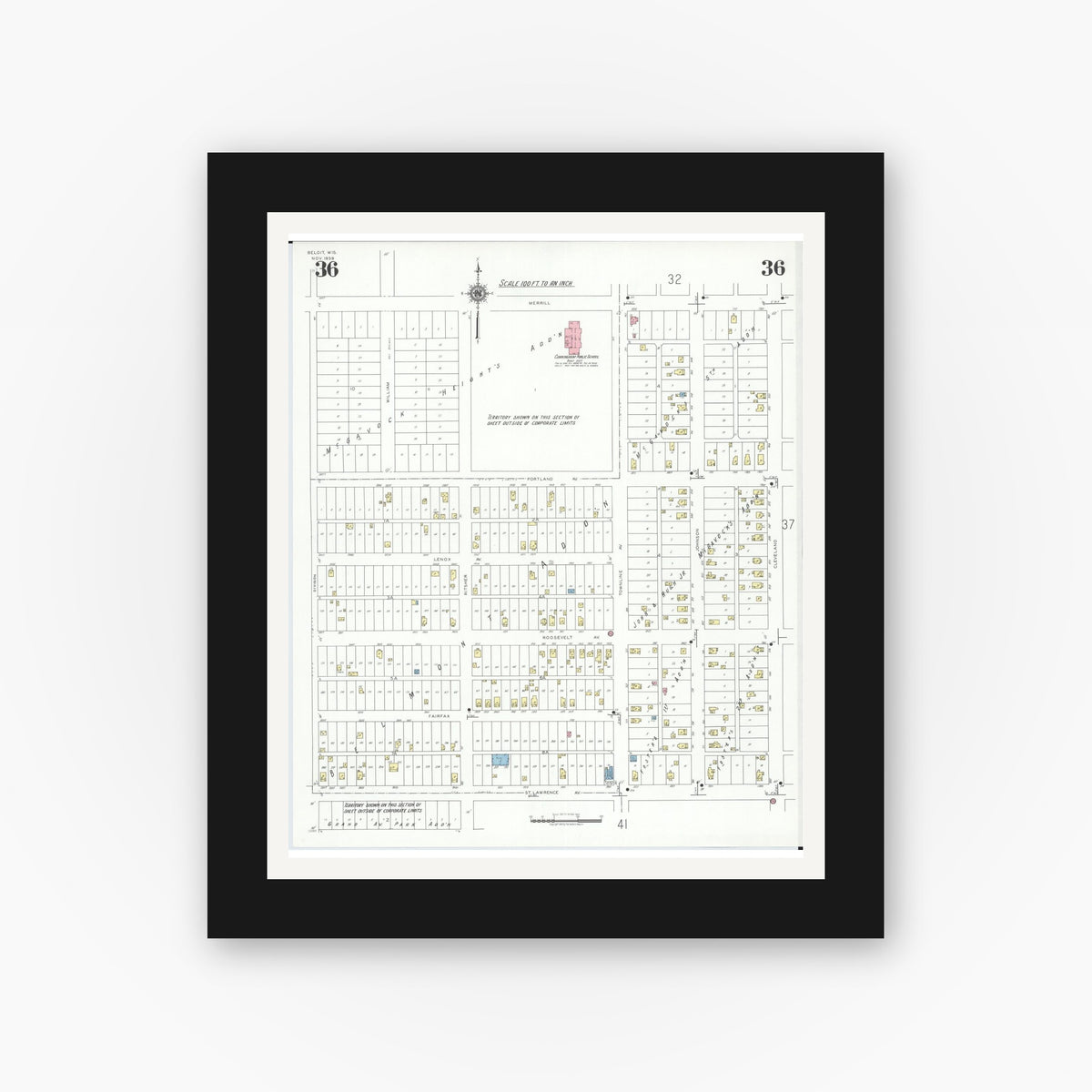 Old map wall art mockup — black gallery frame with white mat — Sanborn Fire Insurance Map from Beloit, Rock County, Wisconsin (1939), Sheet #0036