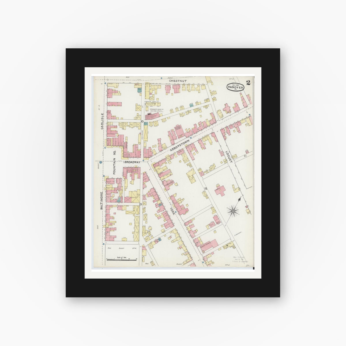 Old map wall art mockup — black gallery frame with white mat — Sanborn Fire Insurance Map from Hanover, York County, Pennsylvania (1891), Sheet #0002