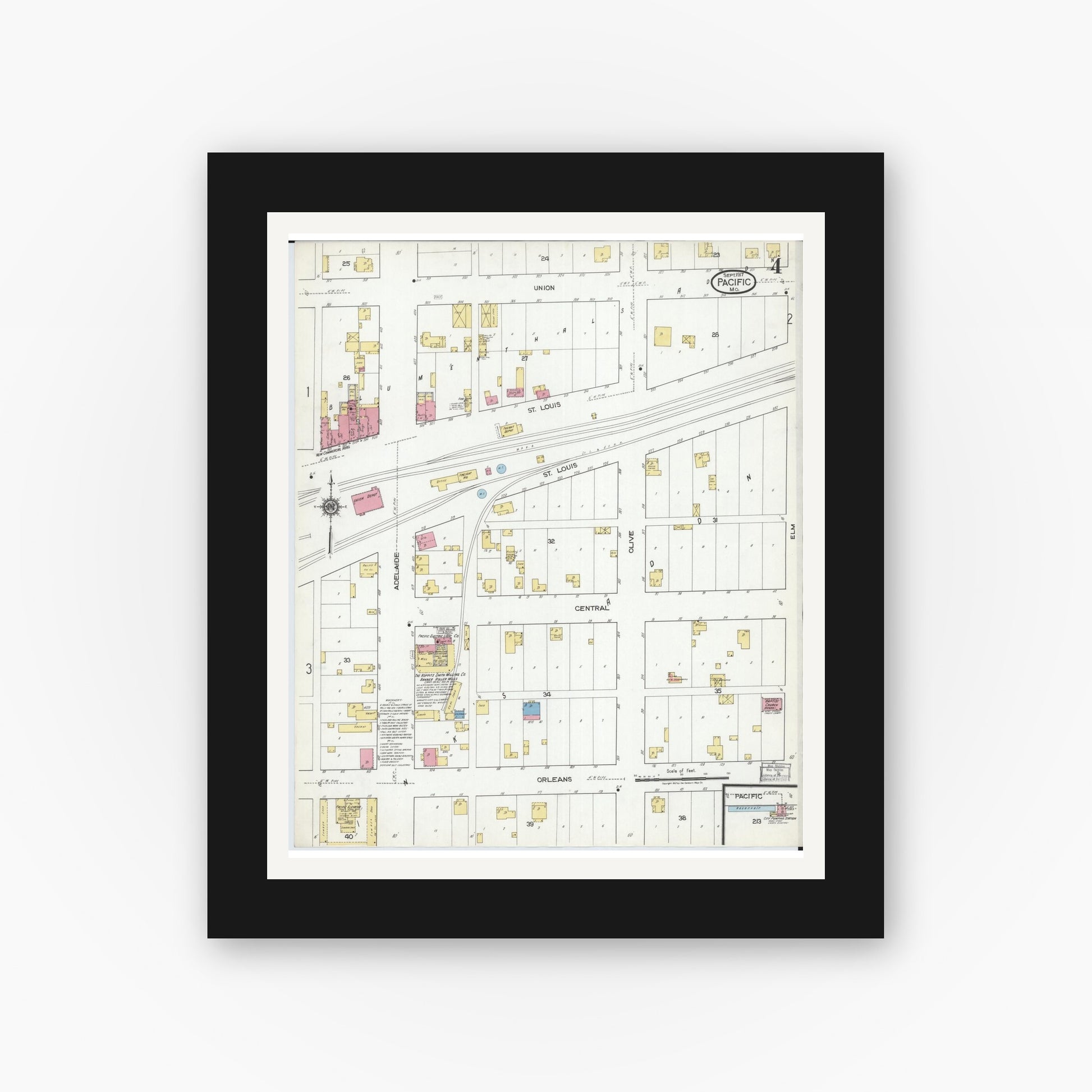 Old map wall art mockup — black gallery frame with white mat — Sanborn Fire Insurance Map from Pacific, Franklin County, Missouri (1917), Sheet #0004