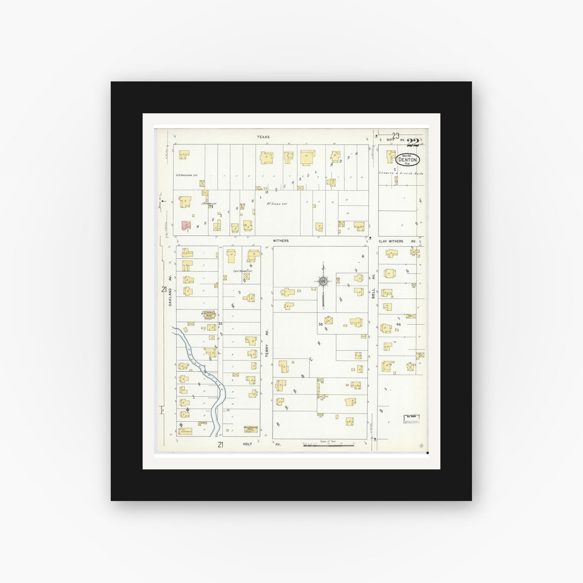 Old map wall art mockup — black gallery frame with white mat — Sanborn Fire Insurance Map from Denton, Denton County, Texas (1912), Sheet #0022
