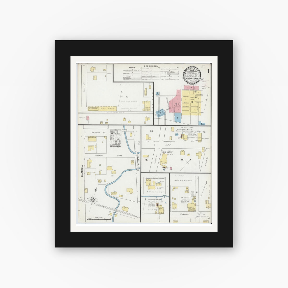 Old map wall art mockup — black gallery frame with white mat — Sanborn Fire Insurance Map from Sulphur Springs, Hopkins County, Texas (1893), Sheet #0001