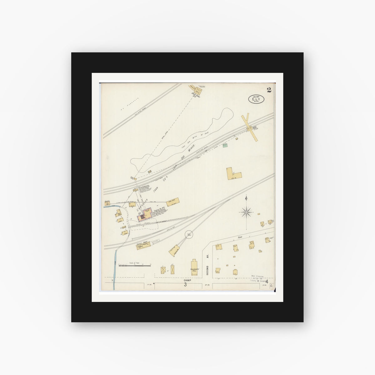 Old map wall art mockup — black gallery frame with white mat — Sanborn Fire Insurance Map from Ely, Saint Louis County, Minnesota (1897), Sheet #0002