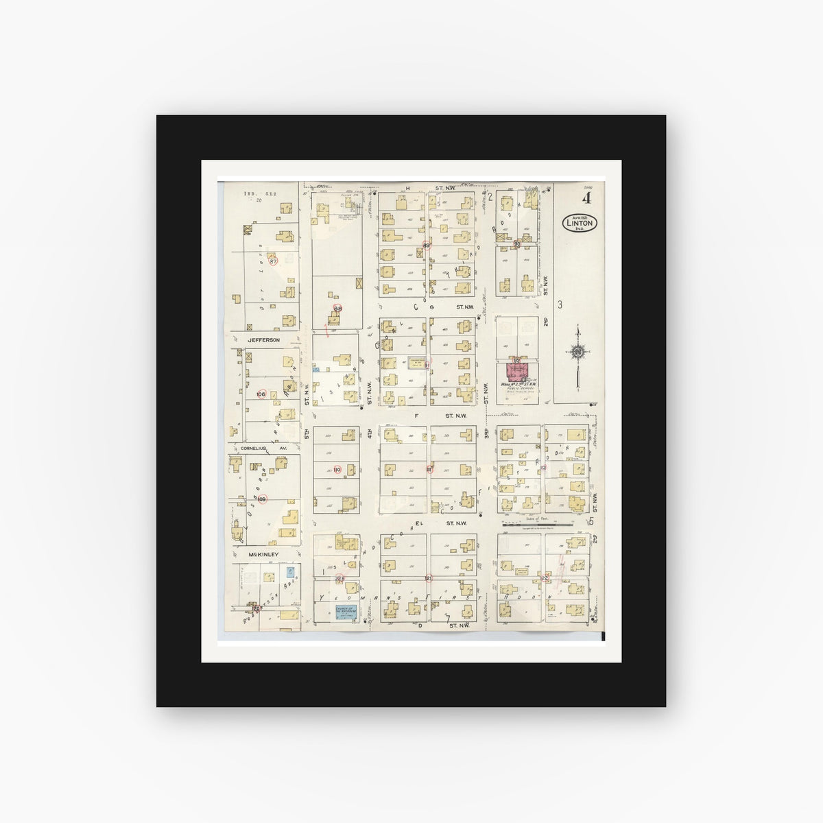 Old map wall art mockup — black gallery frame with white mat — Sanborn Fire Insurance Map from Linton, Greene County, Indiana (1948), Sheet #0004