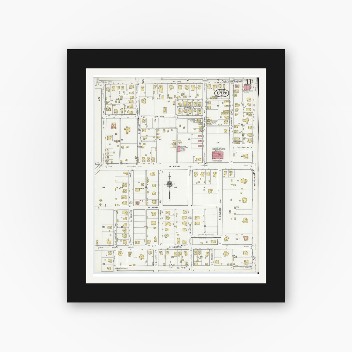 Old map wall art mockup — black gallery frame with white mat — Sanborn Fire Insurance Map from Tyler, Smith County, Texas (1919), Sheet #0011
