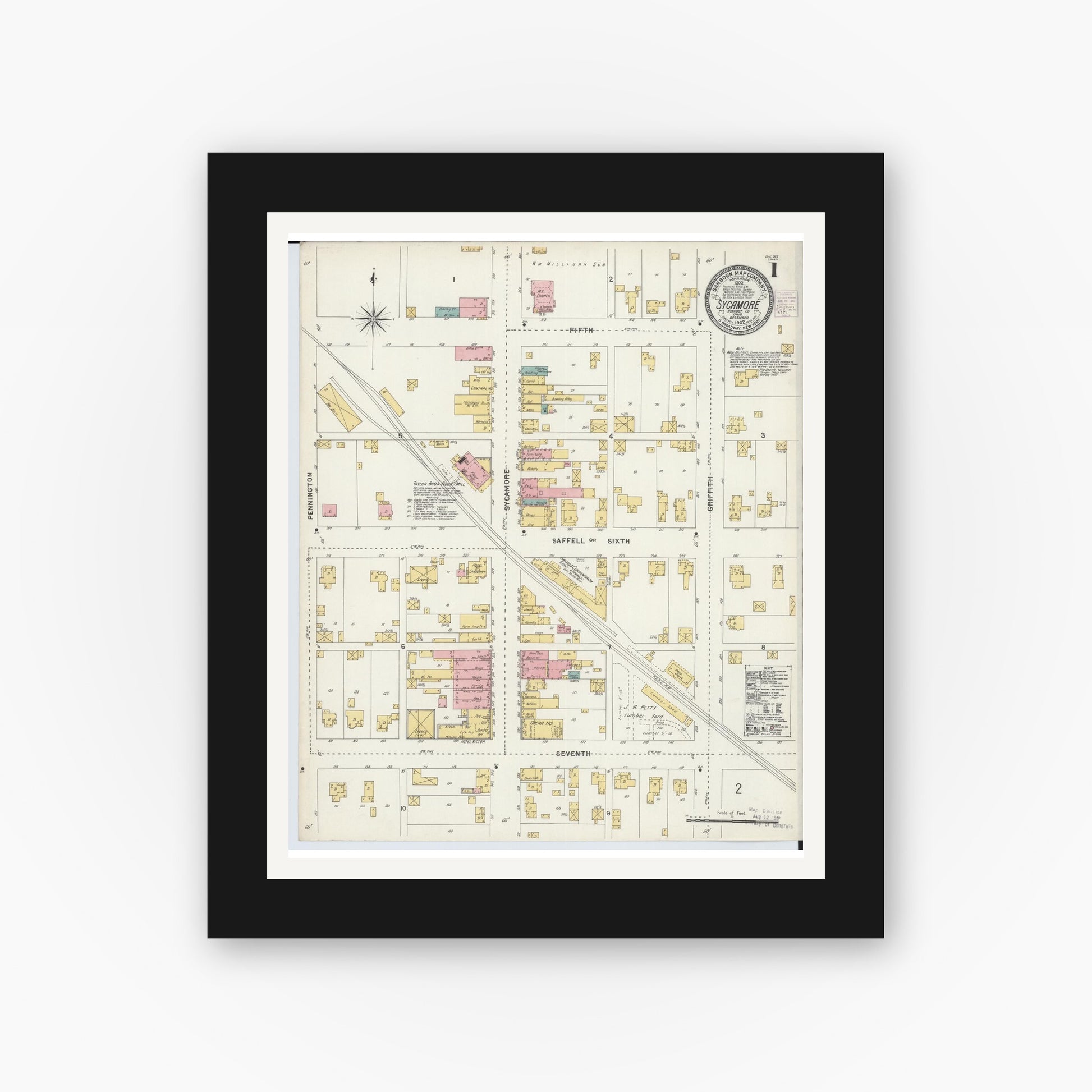 Old map wall art mockup — black gallery frame with white mat — Sanborn Fire Insurance Map from Sycamore, Wyandot County, Ohio (1902), Sheet #0001
