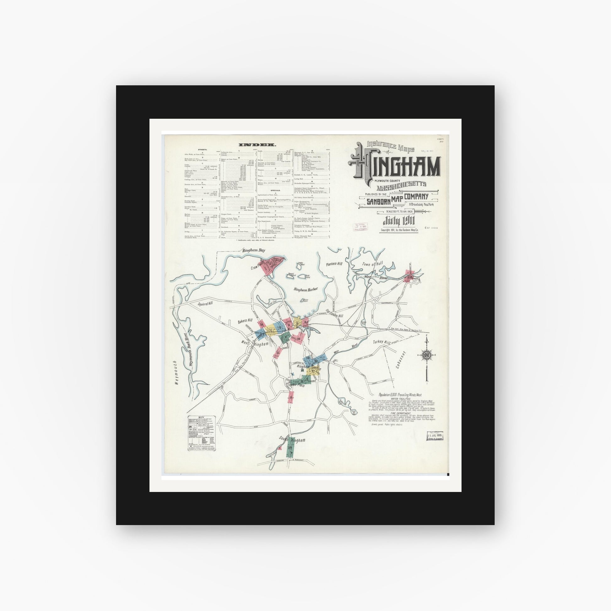 Old map wall art mockup — black gallery frame with white mat — Sanborn Fire Insurance Map from Hingham, Plymouth County, Massachusetts (1911) - Complete Map Set