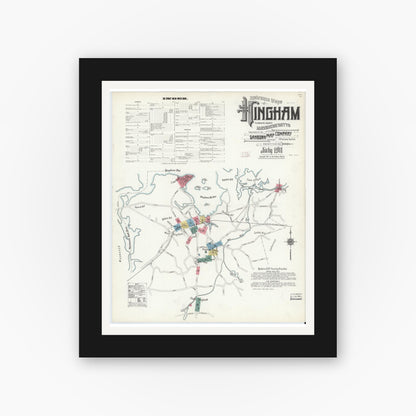 Old map wall art mockup — black gallery frame with white mat — Sanborn Fire Insurance Map from Hingham, Plymouth County, Massachusetts (1911) - Complete Map Set