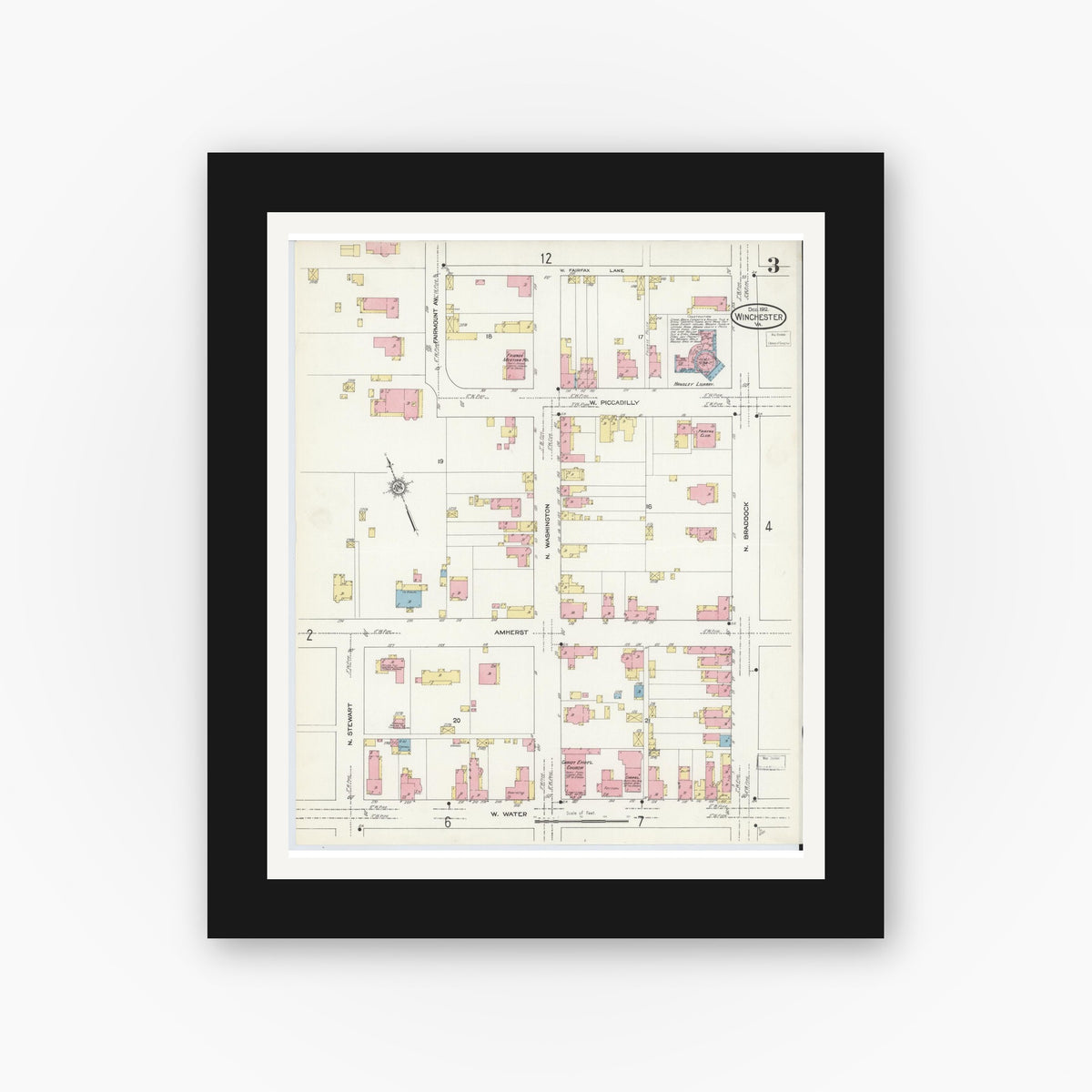 Old map wall art mockup — black gallery frame with white mat — Sanborn Fire Insurance Map from Winchester, Independent Cities, Virginia (1912), Sheet #0003