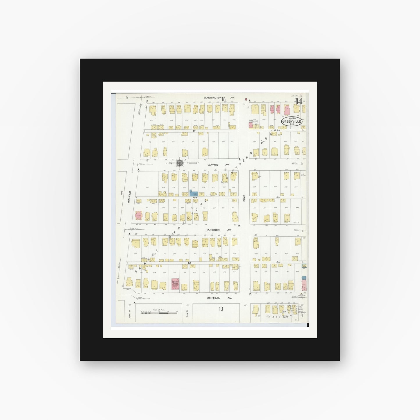Old map wall art mockup — black gallery frame with white mat — Sanborn Fire Insurance Map from Greenville, Darke County, Ohio (1910), Sheet #0014