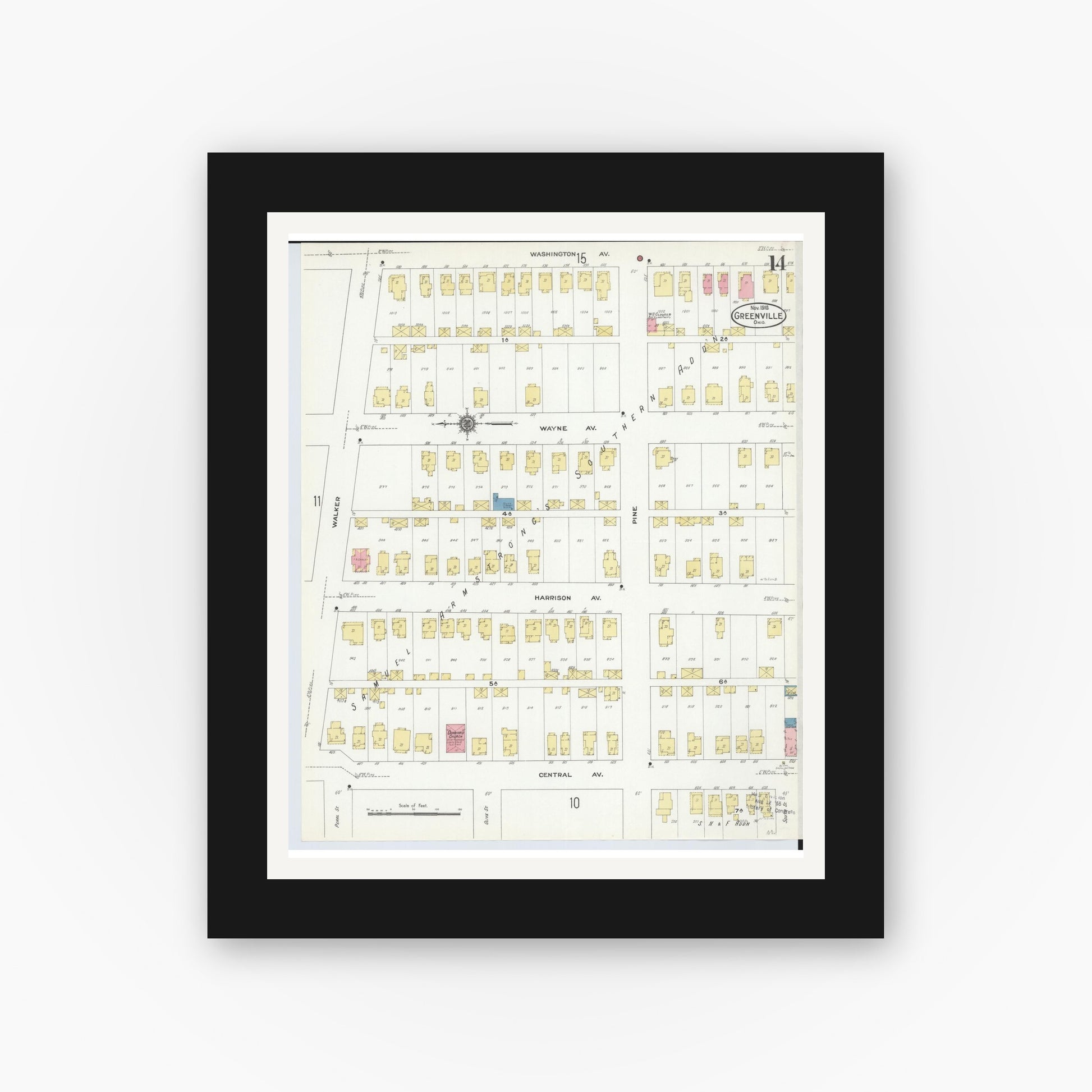 Old map wall art mockup — black gallery frame with white mat — Sanborn Fire Insurance Map from Greenville, Darke County, Ohio (1910), Sheet #0014