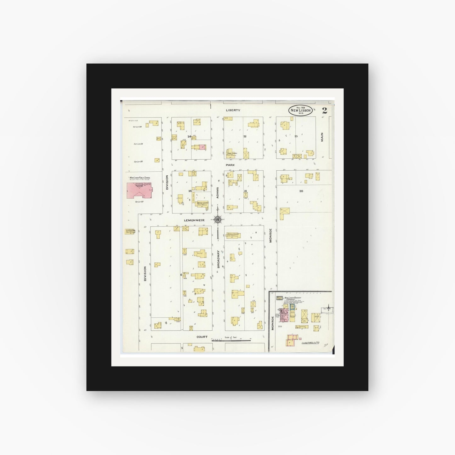 Old map wall art mockup — black gallery frame with white mat — Sanborn Fire Insurance Map from New Lisbon, Juneau County, Wisconsin (1909), Sheet #0002