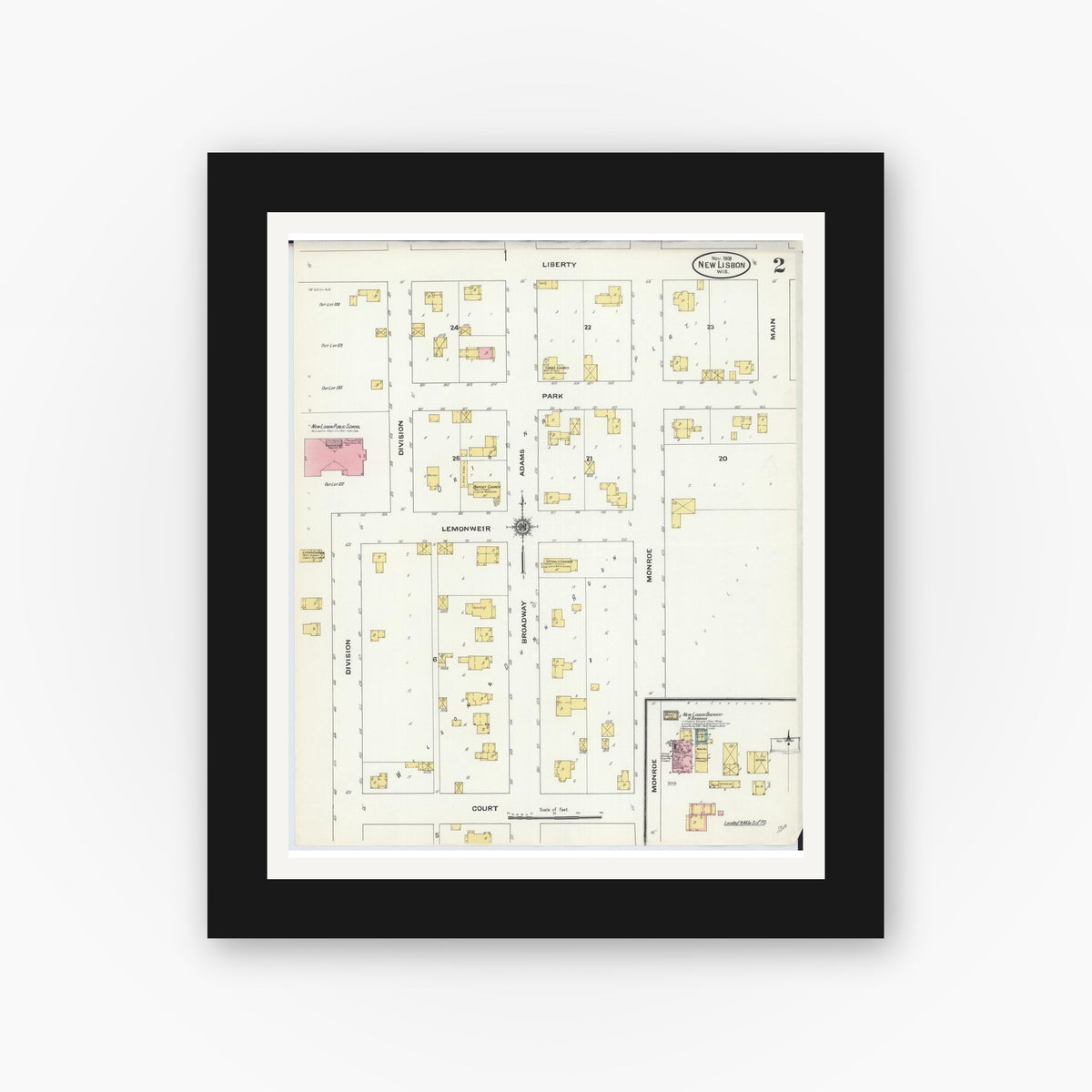 Old map wall art mockup — black gallery frame with white mat — Sanborn Fire Insurance Map from New Lisbon, Juneau County, Wisconsin (1909), Sheet #0002