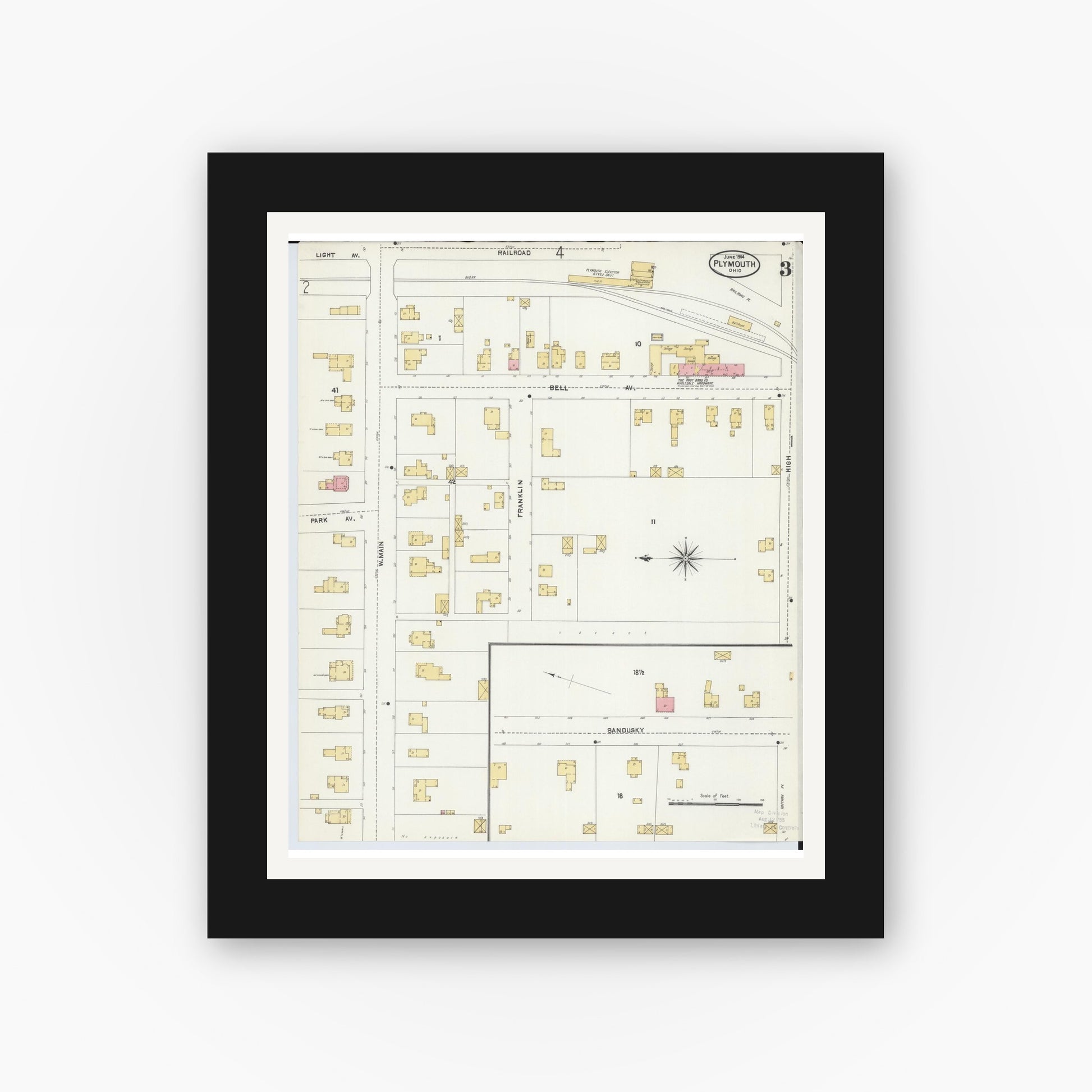 Old map wall art mockup — black gallery frame with white mat — Sanborn Fire Insurance Map from Plymouth, Huron And Richland Counties, Ohio (1904), Sheet #0003