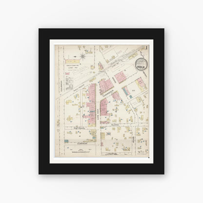 Old map wall art mockup — black gallery frame with white mat — Sanborn Fire Insurance Map from Marlin, Falls County, Texas (1885) - Complete Map Set