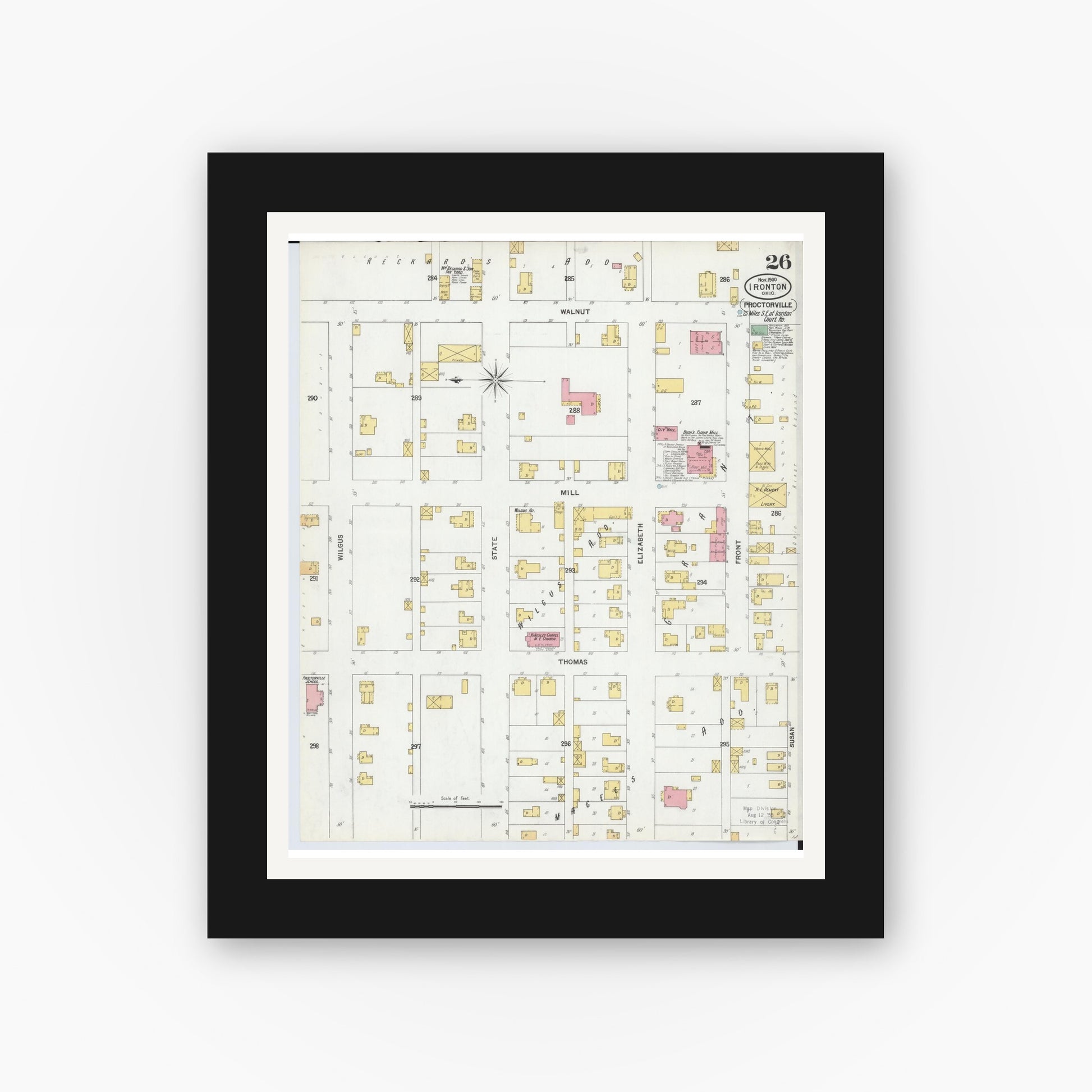 Old map wall art mockup — black gallery frame with white mat — Sanborn Fire Insurance Map from Ironton, Lawrence County, Ohio (1900), Sheet #0026