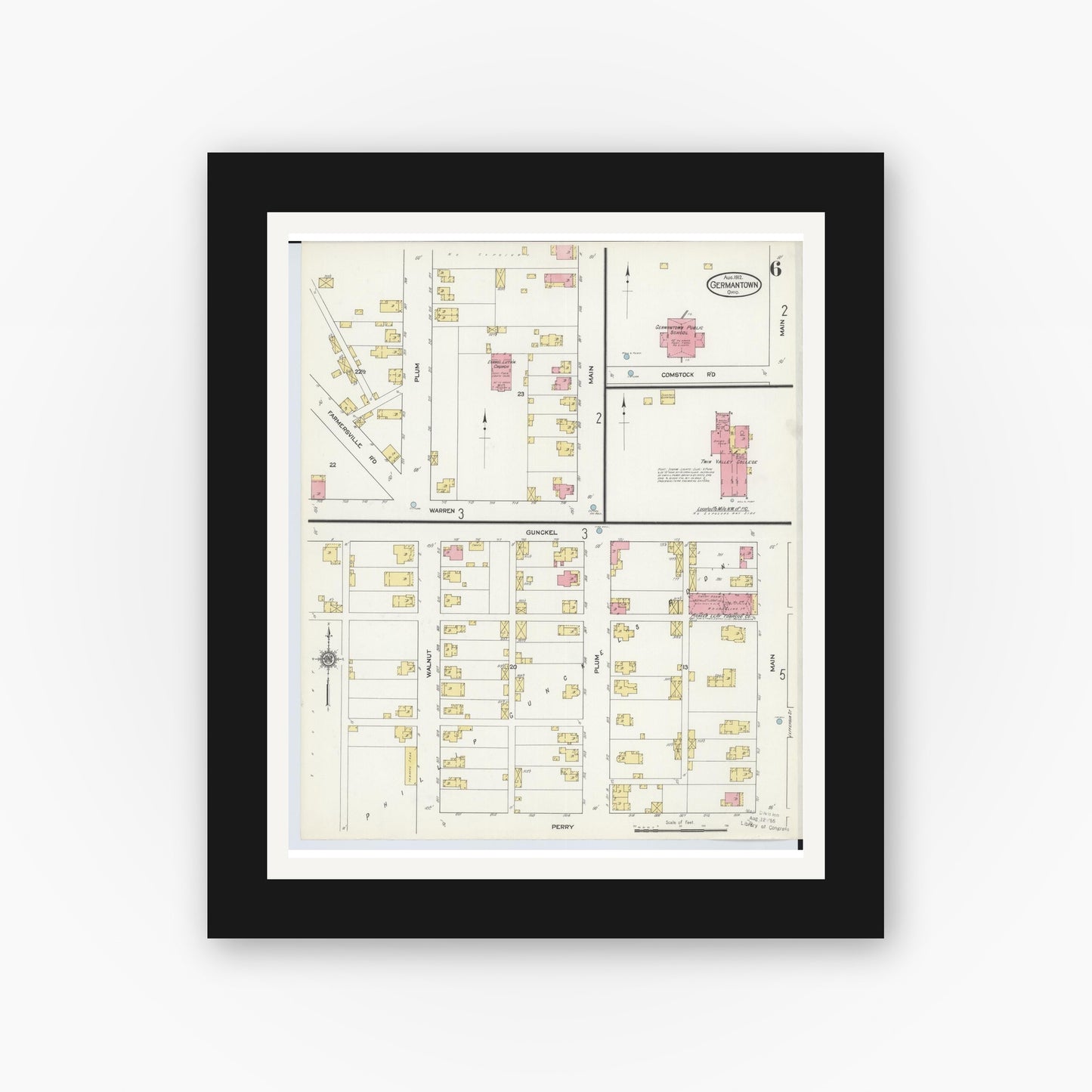Old map wall art mockup — black gallery frame with white mat — Sanborn Fire Insurance Map from Germantown, Montgomery County, Ohio (1912), Sheet #0006