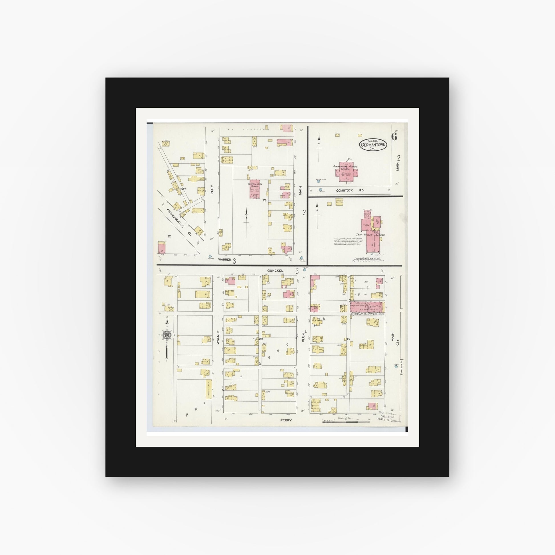 Old map wall art mockup — black gallery frame with white mat — Sanborn Fire Insurance Map from Germantown, Montgomery County, Ohio (1912), Sheet #0006