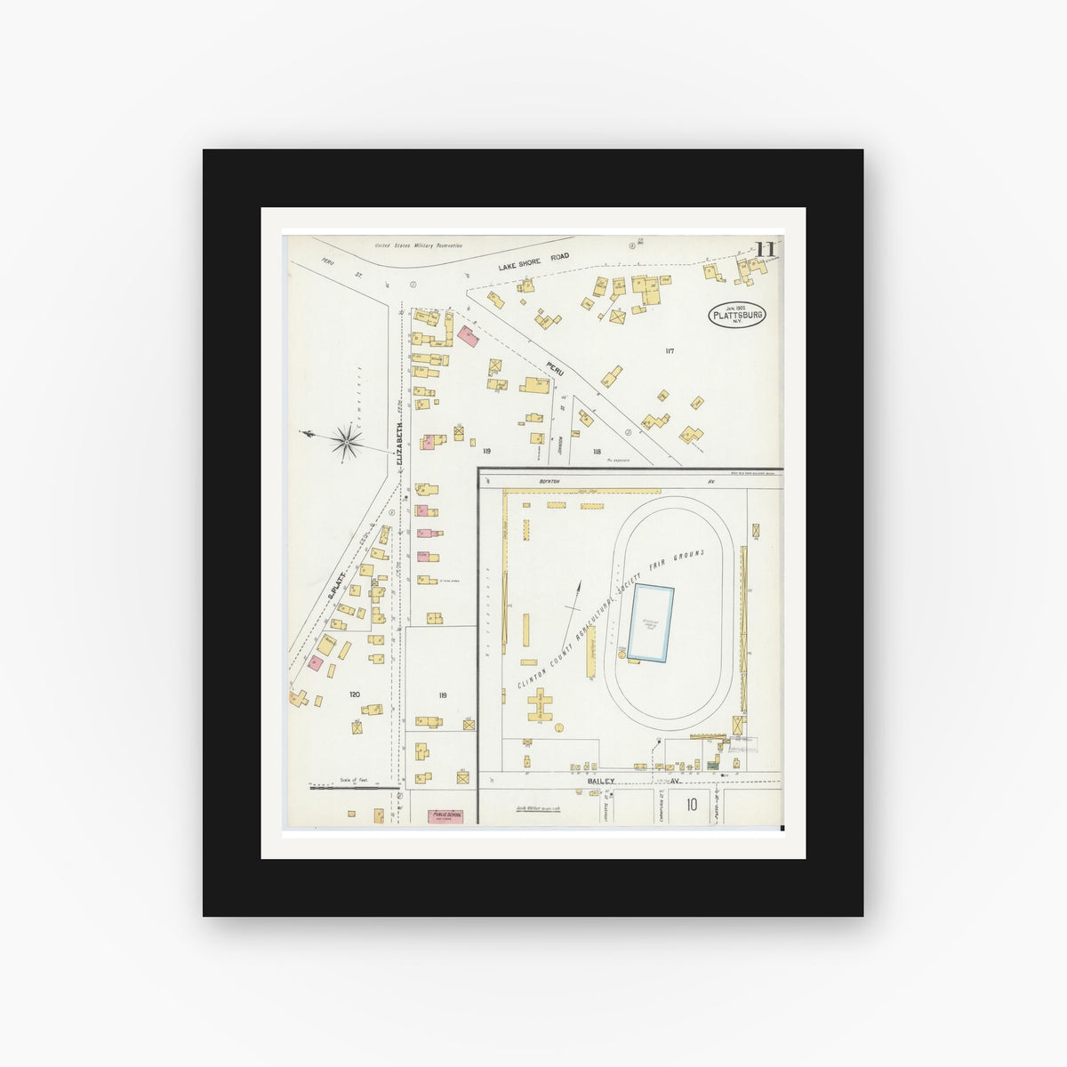 Old map wall art mockup — black gallery frame with white mat — Sanborn Fire Insurance Map from Plattsburg, Clinton County, New York (1902), Sheet #0011