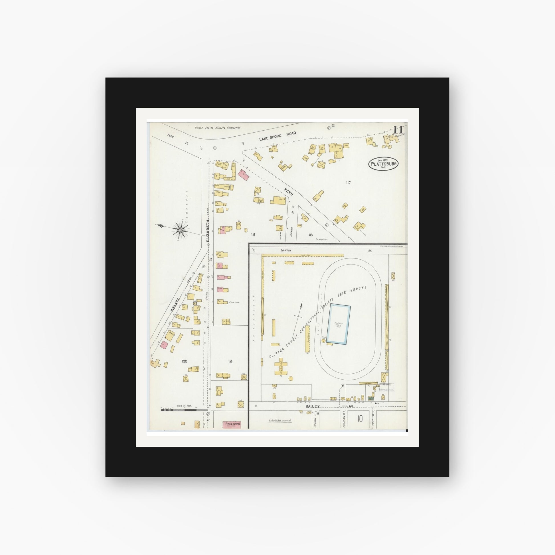 Old map wall art mockup — black gallery frame with white mat — Sanborn Fire Insurance Map from Plattsburg, Clinton County, New York (1902), Sheet #0011