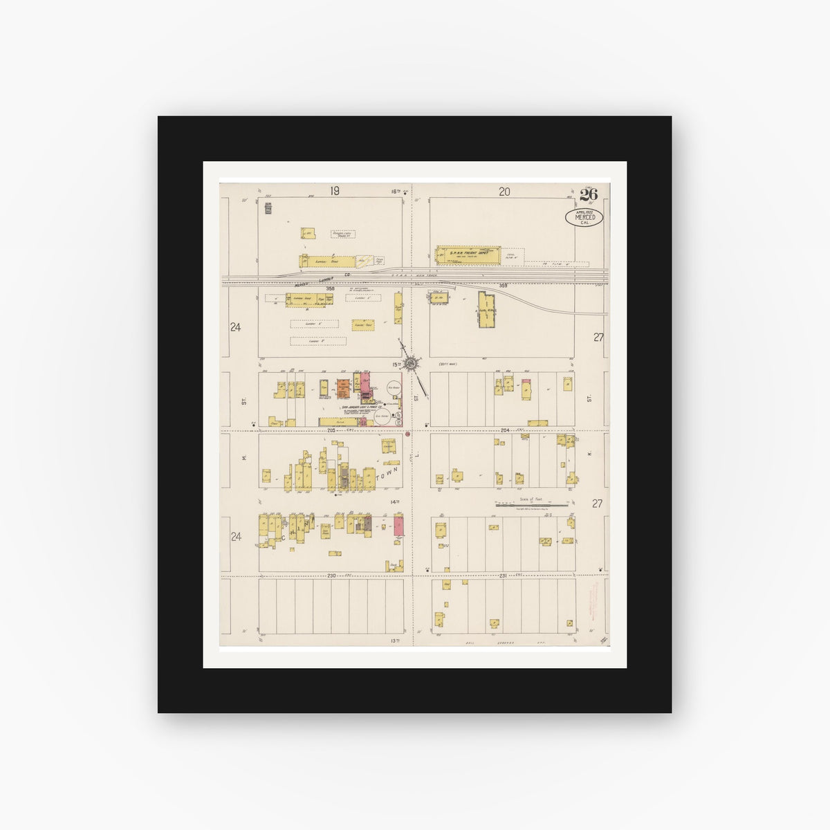 Old map wall art mockup — black gallery frame with white mat — Sanborn Fire Insurance Map from Merced, Merced County, California (1922), Sheet #0026