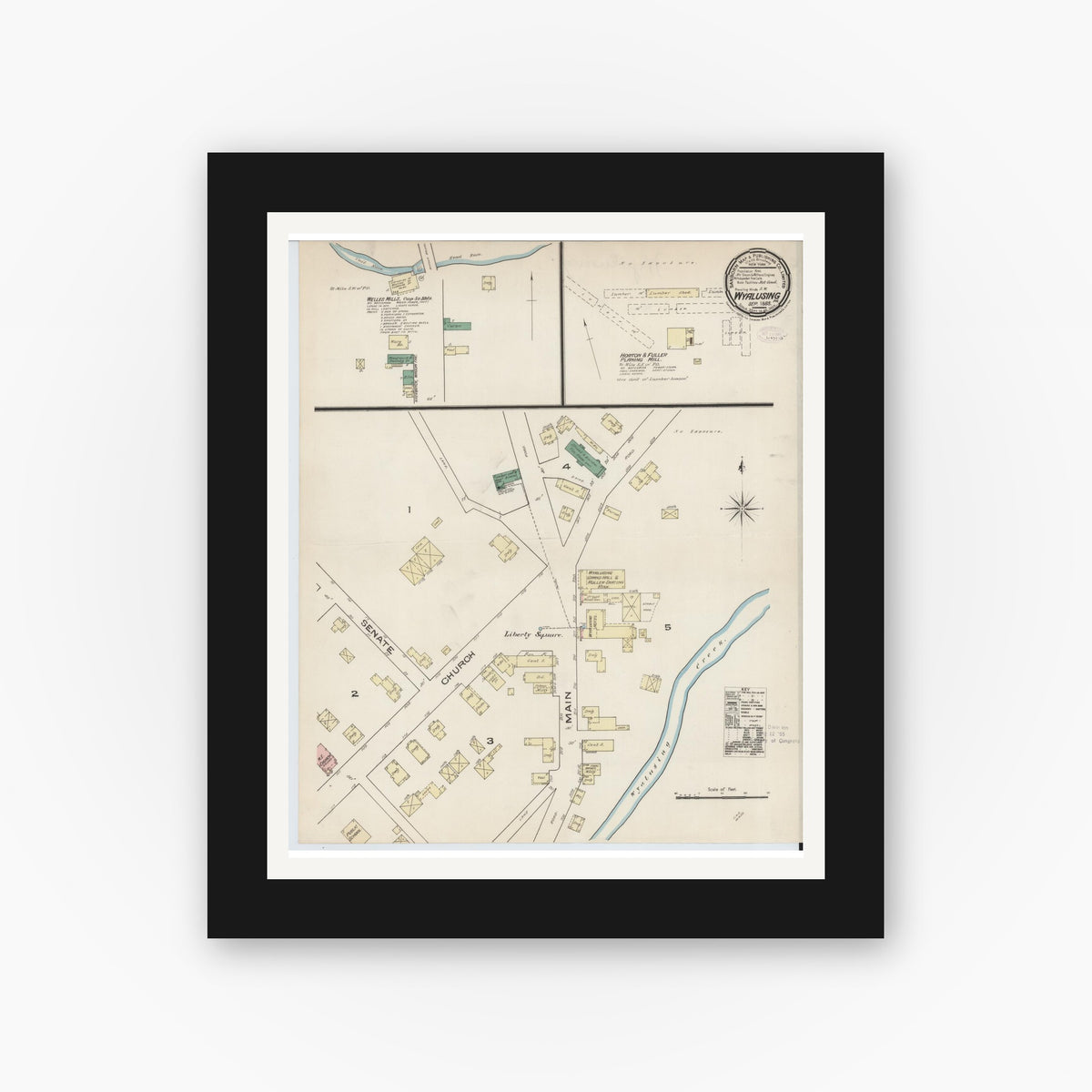 Old map wall art mockup — black gallery frame with white mat — Sanborn Fire Insurance Map from Wyalusing, Wyoming County, Pennsylvania (1885), Sheet #0001