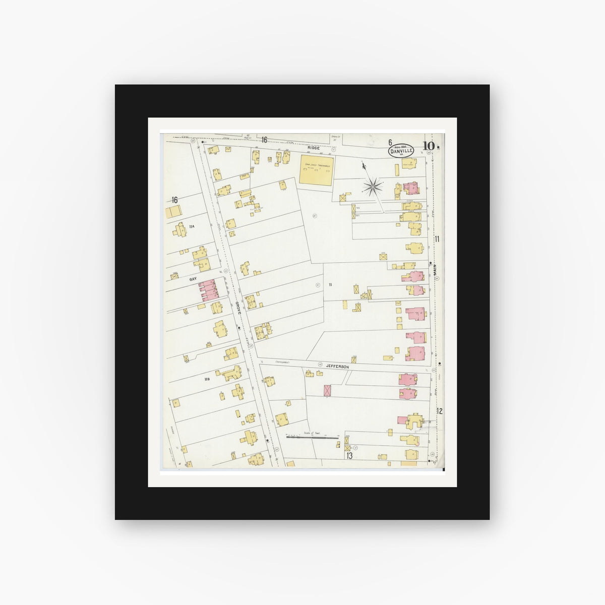 Old map wall art mockup — black gallery frame with white mat — Sanborn Fire Insurance Map from Danville, Independent Cities, Virginia (1904), Sheet #0010