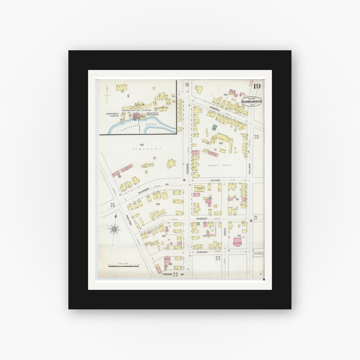 Old map wall art mockup — black gallery frame with white mat — Sanborn Fire Insurance Map from New Brunswick, Middlesex County, New Jersey (1897), Sheet #0019