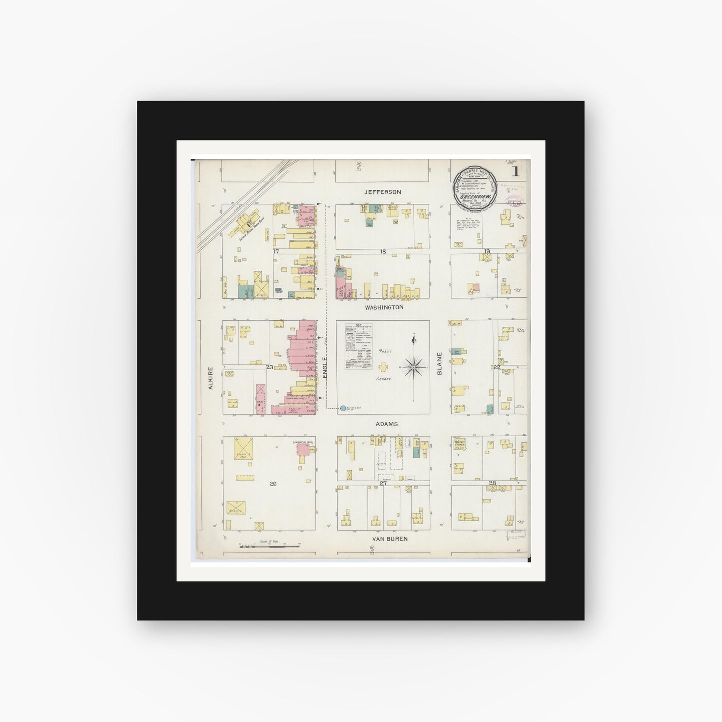 Old map wall art mockup — black gallery frame with white mat — Sanborn Fire Insurance Map from Greenview, Menard County, Illinois (1893) - Complete Map Set