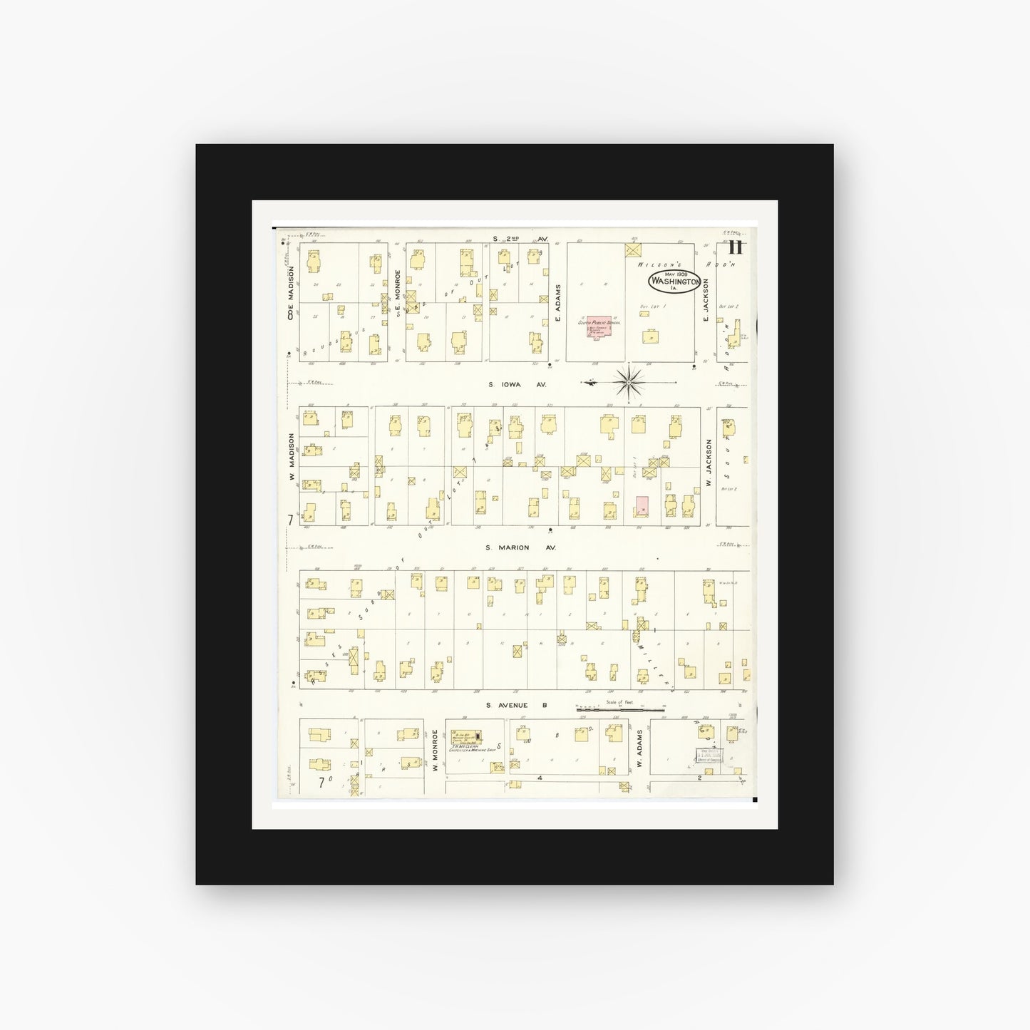 Old map wall art mockup — black gallery frame with white mat — Sanborn Fire Insurance Map from Washington, Washington County, Iowa (1909), Sheet #0011
